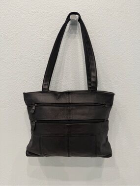 Vintage Black Genuine Patchwork Leather Multi-Pocket Tote Bag 14" Laptop Size